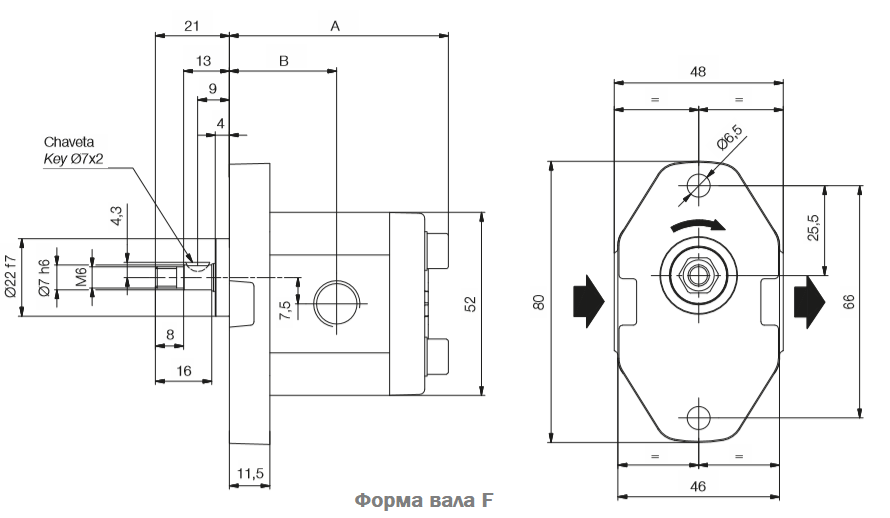 Размеры насосов серии M Roquet, фланец 09, вал F