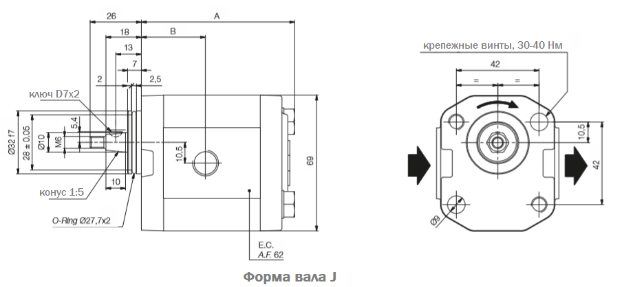 Размеры насосов серии LO Roquet, фланец 22, вал J