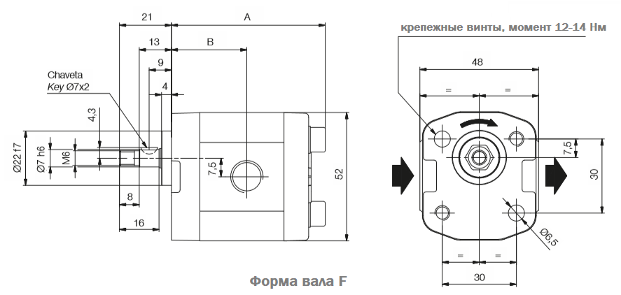 Размеры насосов серии M Roquet, фланец 22, вал F